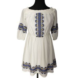 Kaari Blue White Multi Embroidered Off Shoulder Women Swing Dress‎ Size XS